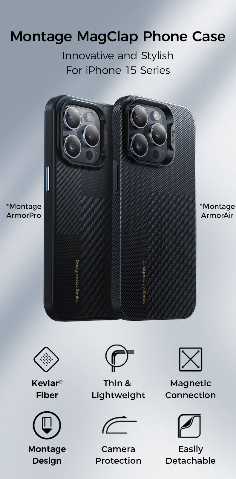 Benks Montage Hybrid ArmorPro iPhone 15 Pro Max M-safe Karbon Fiber Kevlar Kılıf Benks Montage Hybrid ArmorPro iPhone 15 Pro Max M-safe Karbon Fiber Kevlar Kılıf